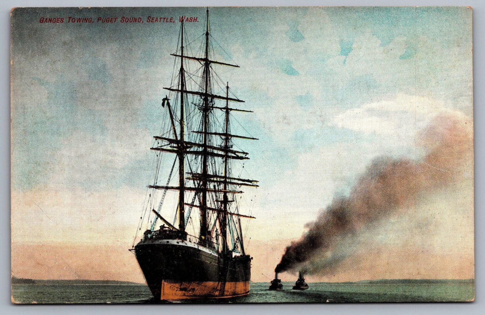 Ganges Towing, Tugboats Towing Massive Sailing Ship. Puget Sound, Seattle, WA