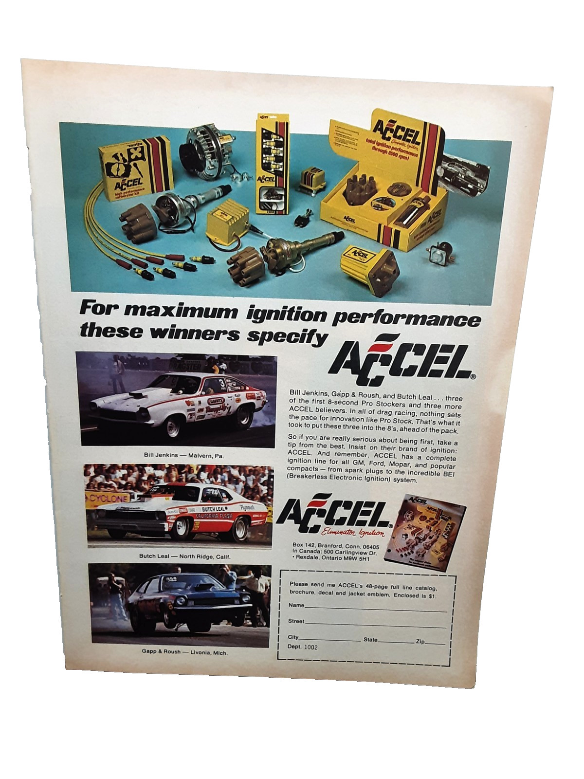 1974 ACCEL Ignition Print Ad Bill Jenkins Butch Leal Gapp & Roush Drag Cars