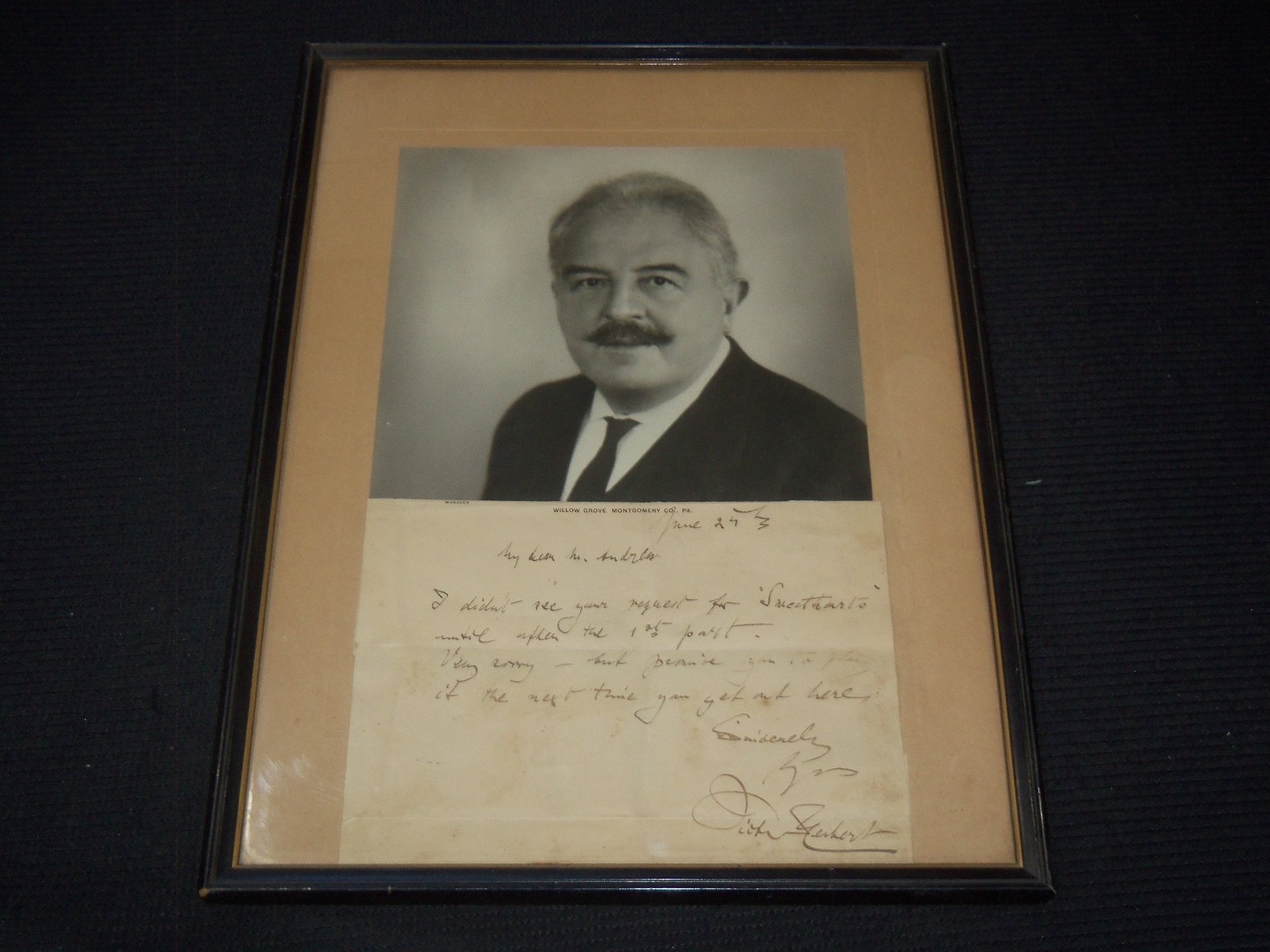 VICTOR HERBERT SIGNED LETTER WITH PHOTO FRAMED - 12 1/2\