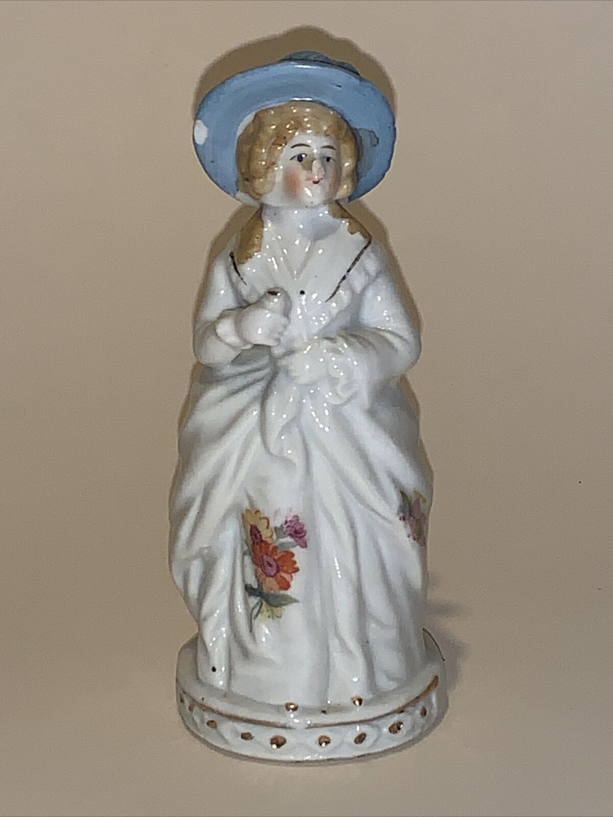 Vintage Victorian Lady Ceramic Figurine Made in Japan Blue Bonnet Flowers