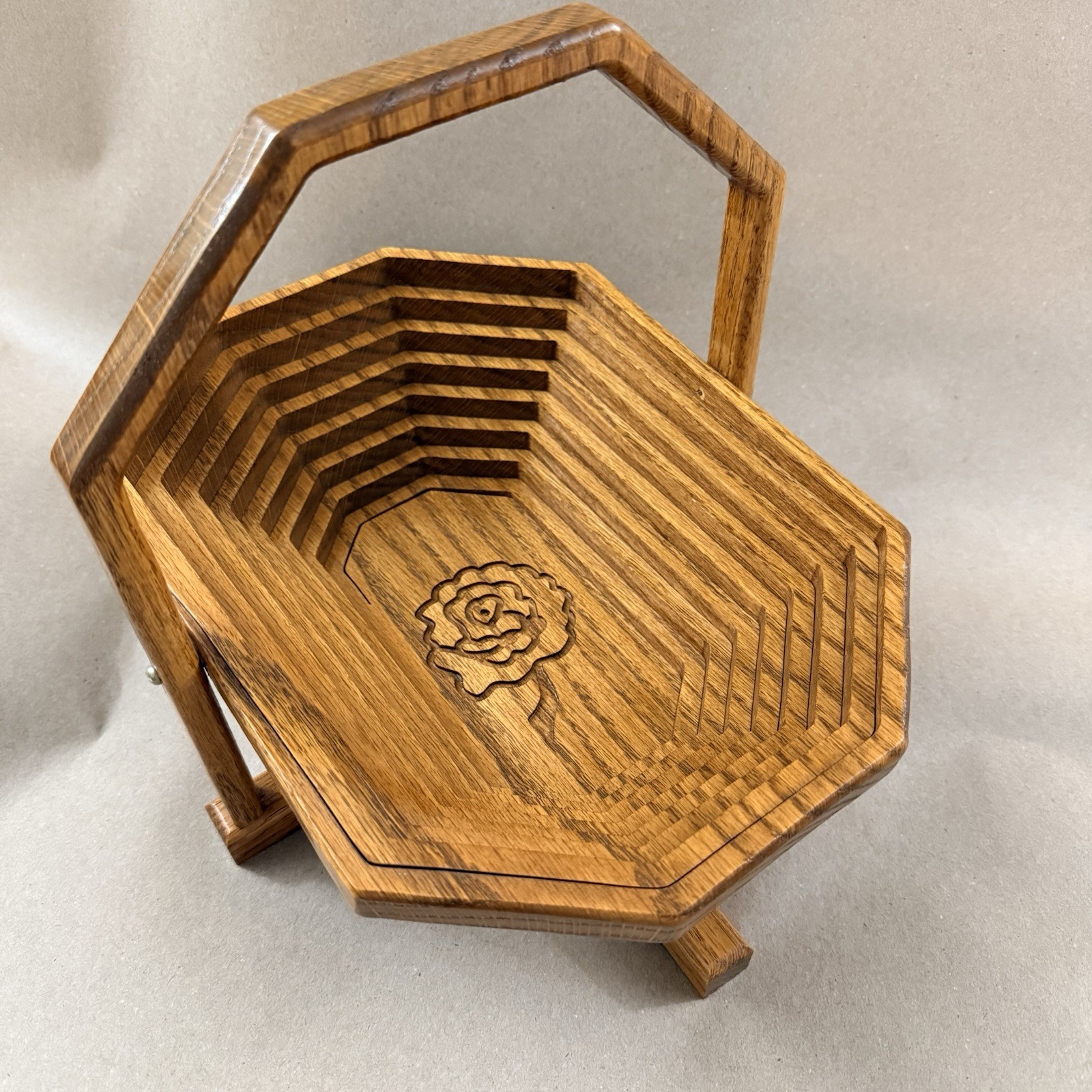VTG Hand Carved Rosewood Collapsible Folding Basket Bowl, Rose Motif Octagon