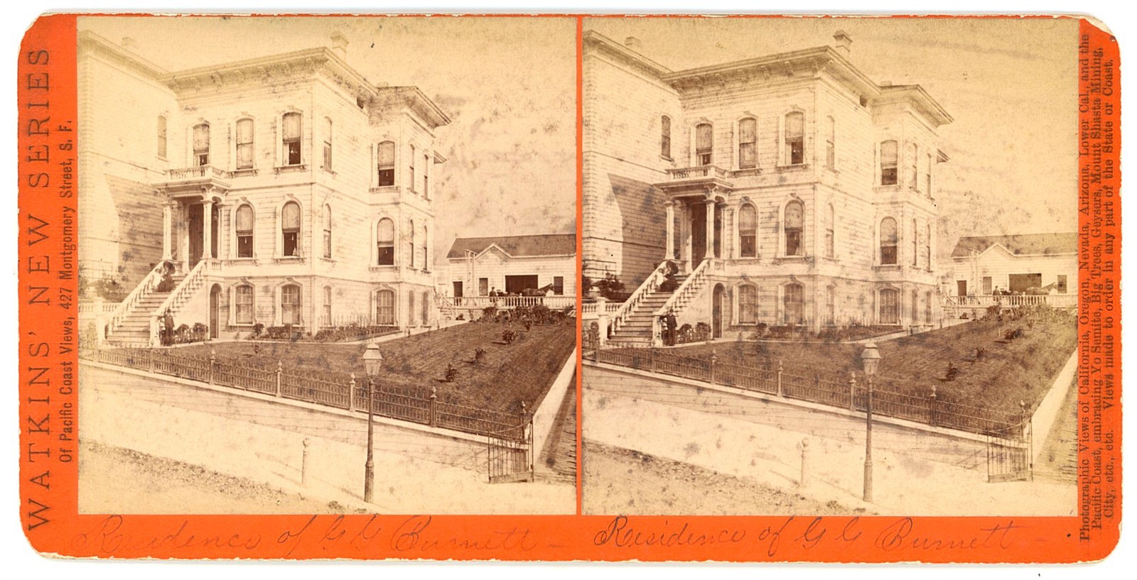 SAN FRANCISCO STEREOVIEW - Residence of G.G. Burnett - CE Watkins 1870s RARE