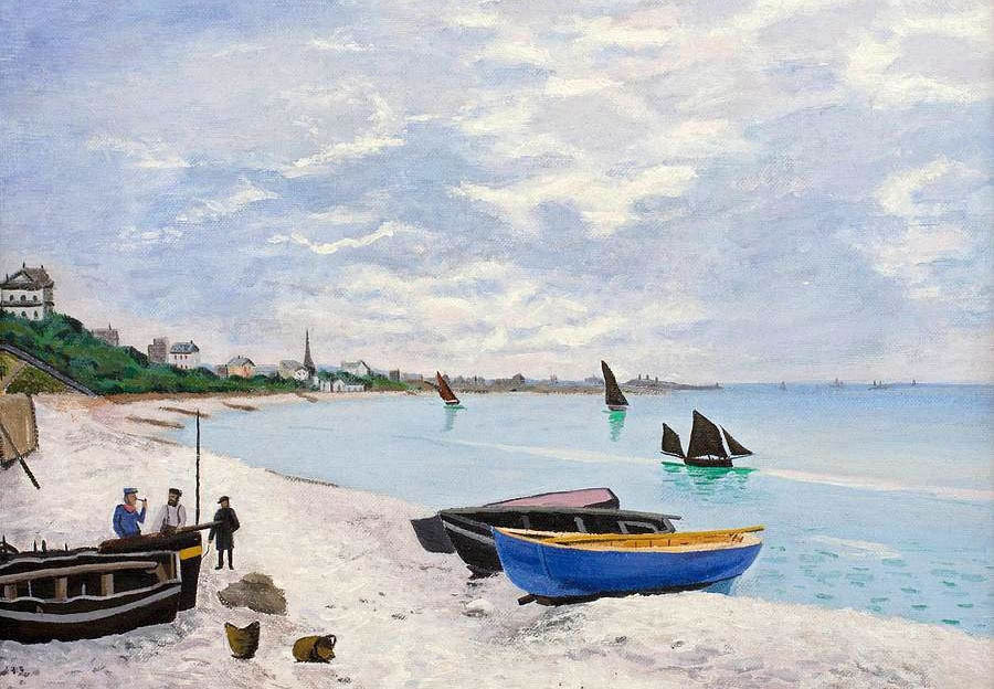 Excellent Oil painting nice seascape with canoes little sail boats by beach 36\