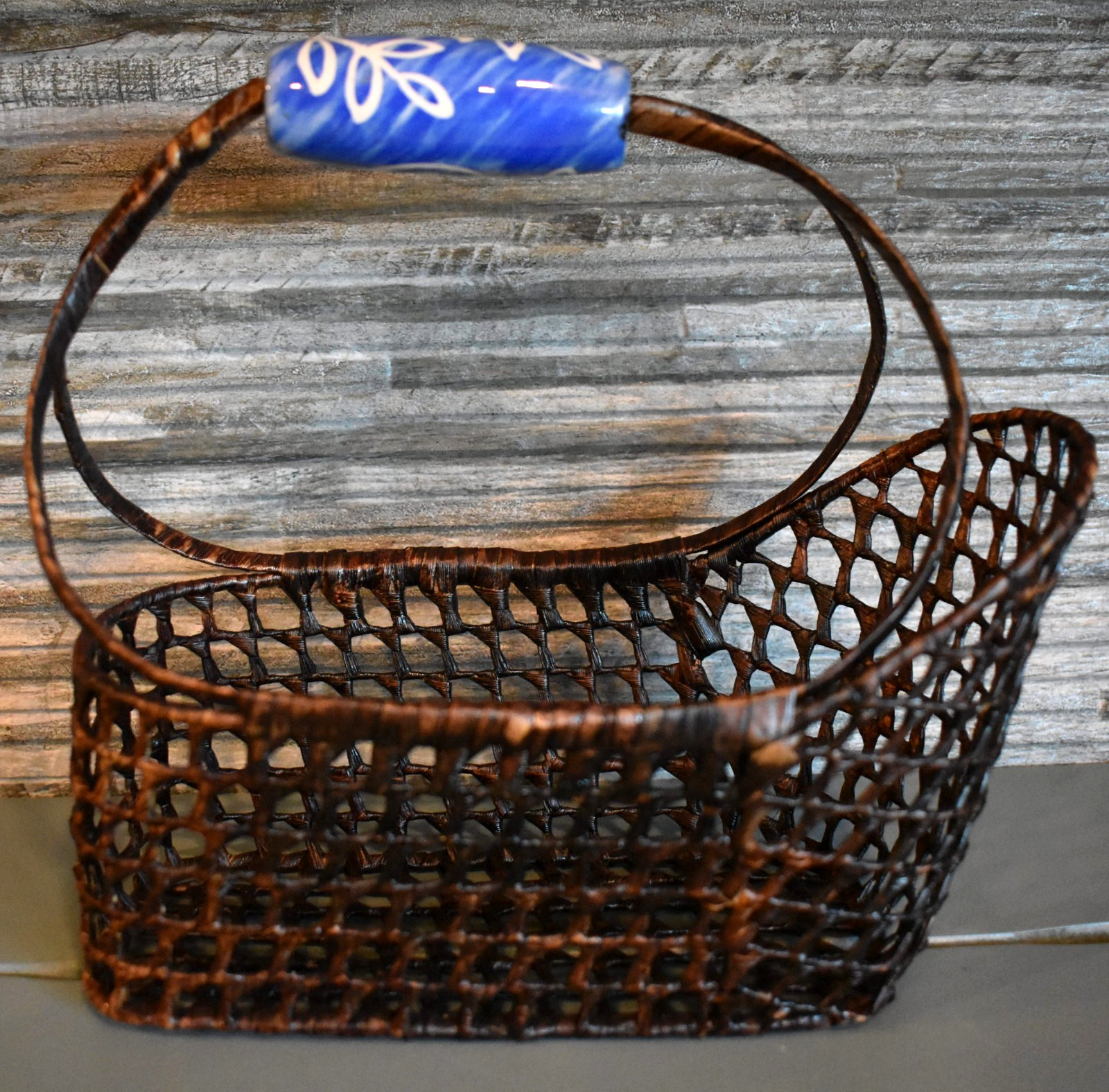 Hand Woven Lattice Wicker Bali Basket Handpainted Ceramic Handle 9\
