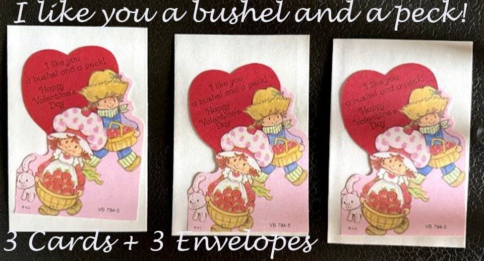 VTG Lot 3 Cards + Envelopes Strawberry Shortcake Bushel & Peck Valentin Die Cut