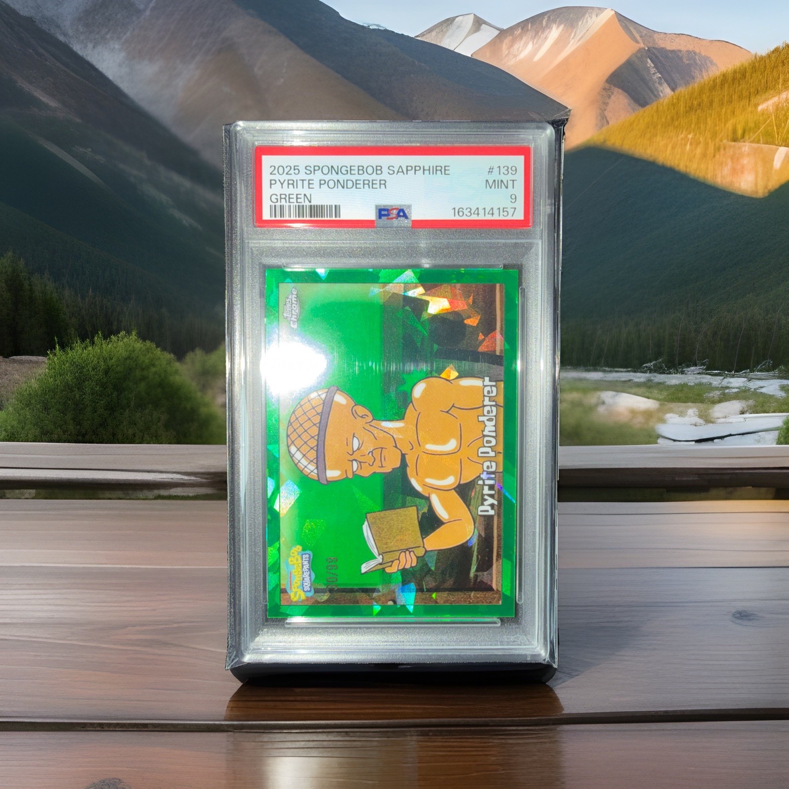 2025 Topps SpongeBob Sapphire Pyrite Ponderer /99 PSA 9 POP 1