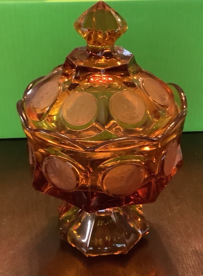 Amber COIN SPOT FOSTORIA FOOTED/PEDESTAL WEDDING BOWL/CANDY DISH W/LID 