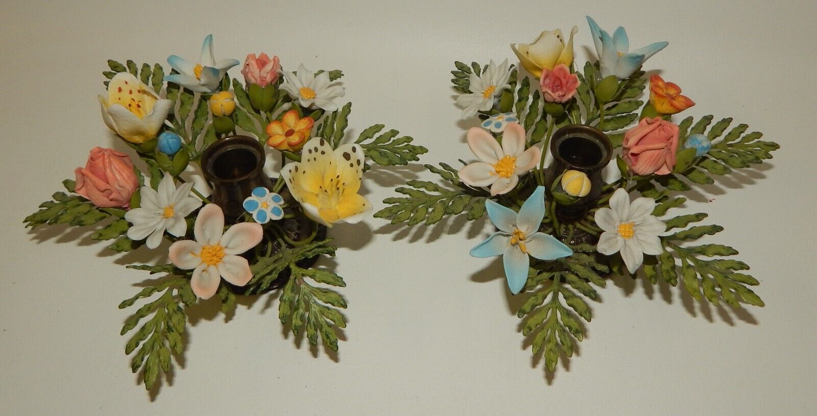 Pair Vintage Petites Choses USA Porcelain Flower Bouquet Candle Holders