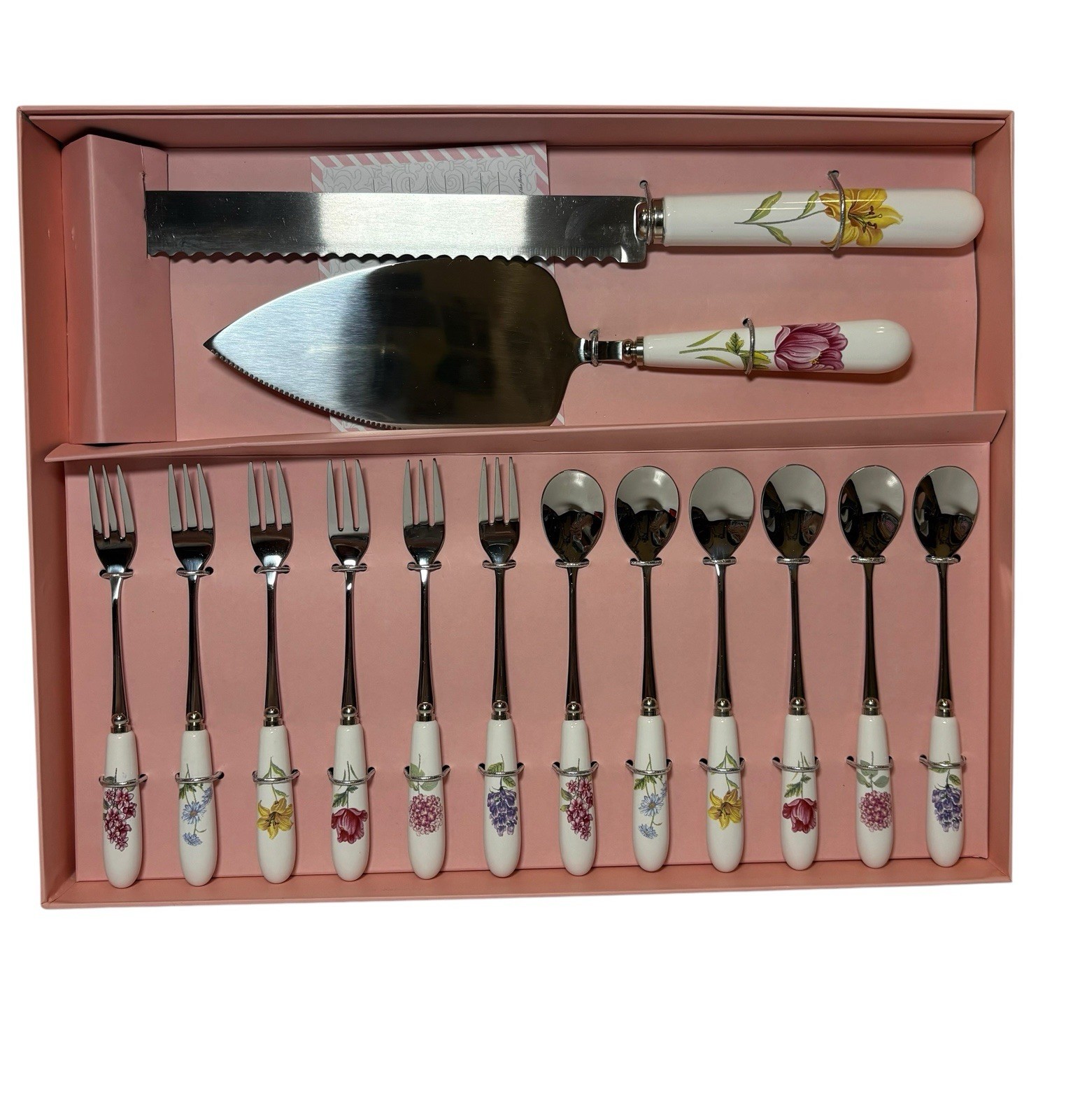14 Pc Flatware Set White Floral Ceramic Handles Dessert Forks Spoons Knife Serve