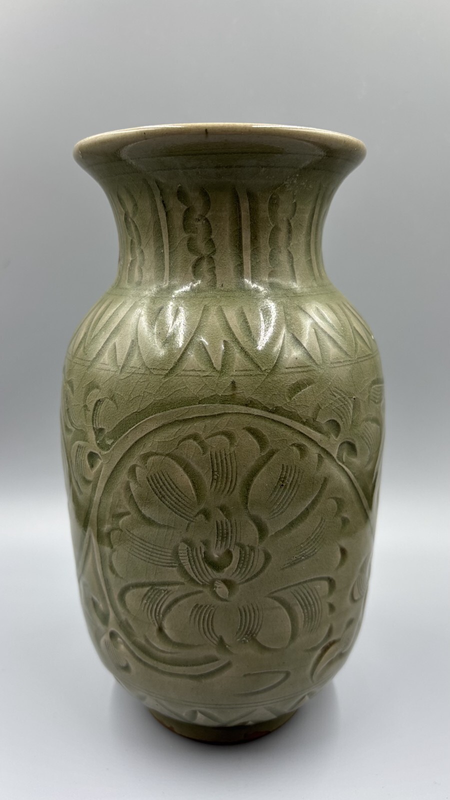 Antique Chinese Celadon Porcelain Vase Hand Carved Floral 7