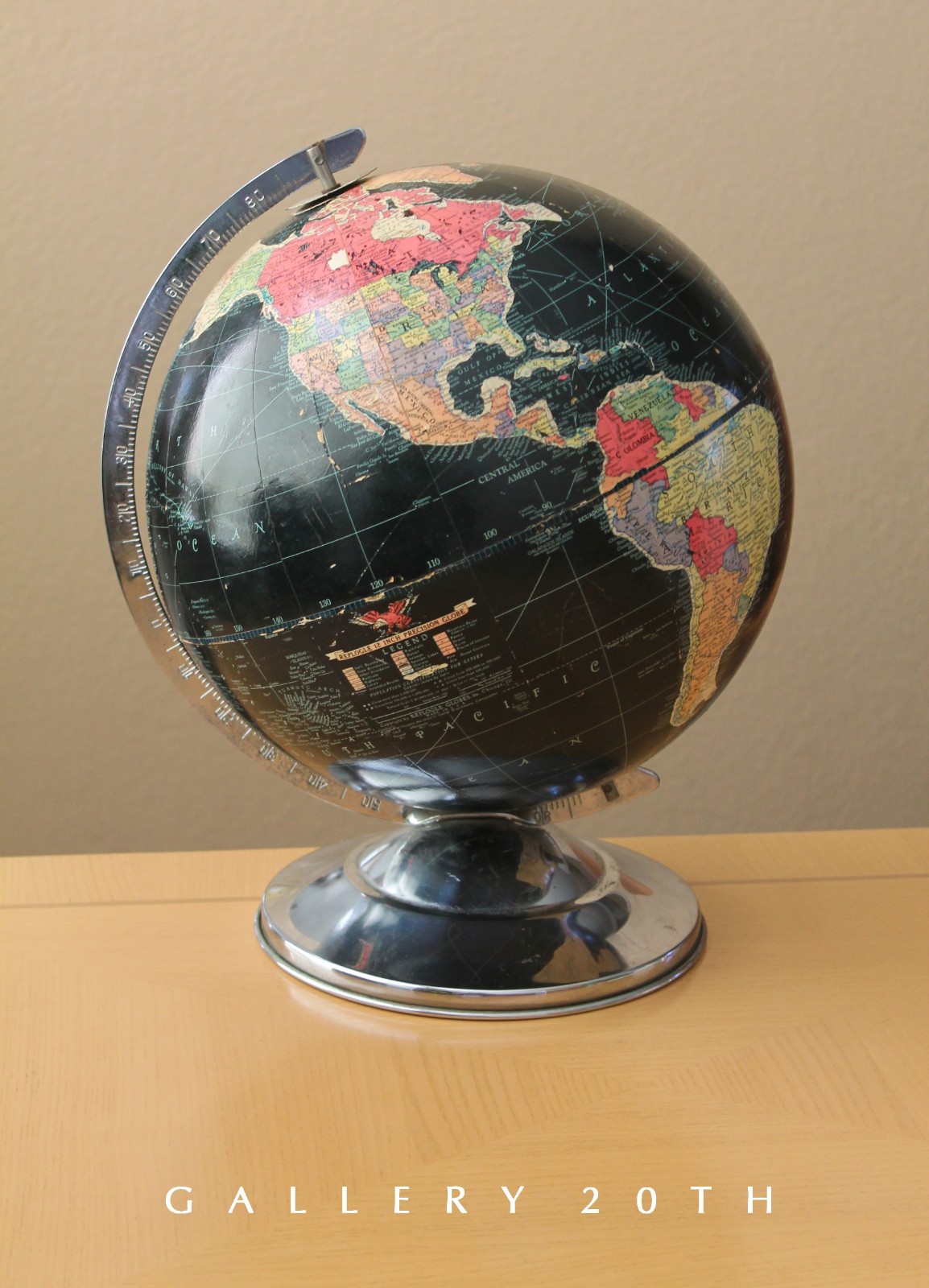 SUPERB VTG MCM CHROME BLACK GLOBE WORLD MAP LIBRARY ART DECO ERA ATOMIC DECOR