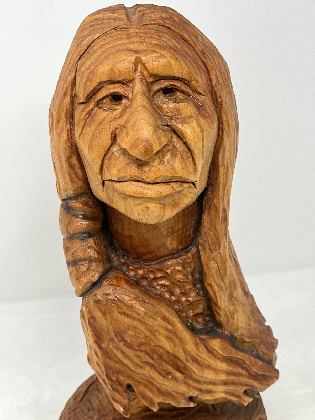 Vtg. Hand Carved Wood OOAK Native American Indian Figure Unpainted 12” Signed SP