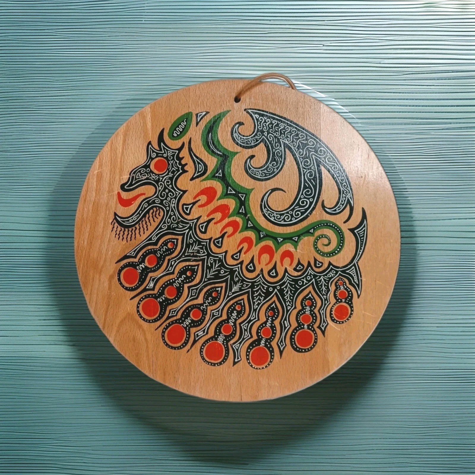 Vtg Yugoslavian Folk Art Painted Wooden Wall Plaque Mythological Dragon Creature