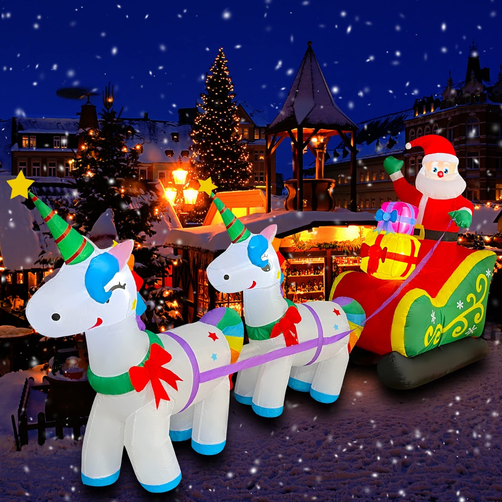 SEASONBLOW 9 Ft Christmas Inflatable Santa Claus on Sleigh with 2 Unicorn Dec...