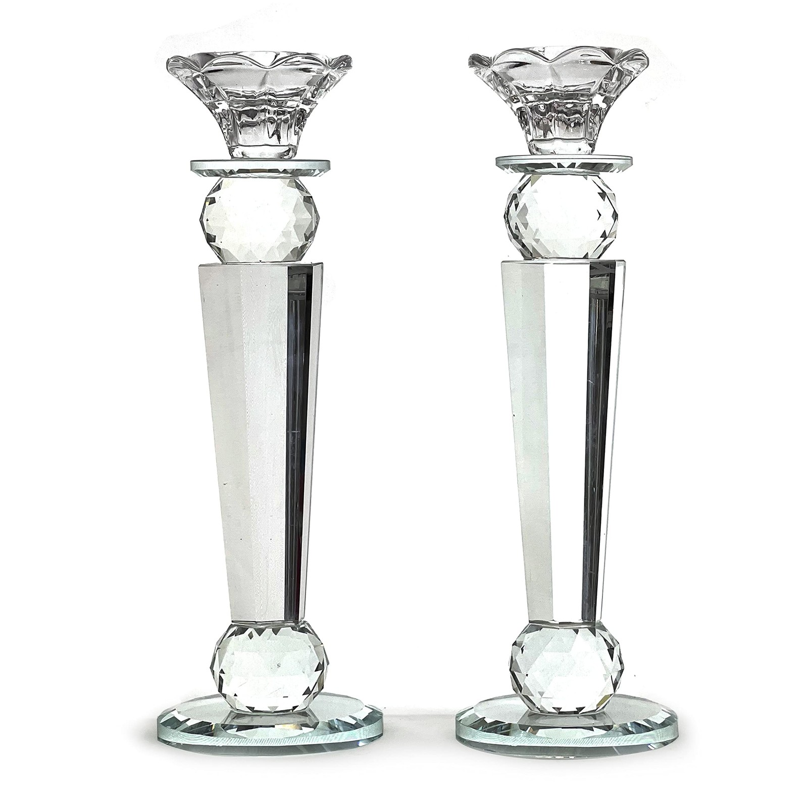 Allgala Set of 2 Crystal Glass Pillar & Ball Candlesticks, Reverse Tapered 10