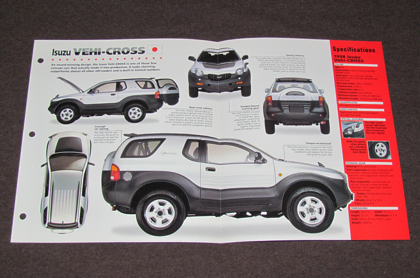 1997-1998 ISUZU VEHI-CROSS SUV Car SPEC SHEET BROCHURE PHOTO BOOKLET