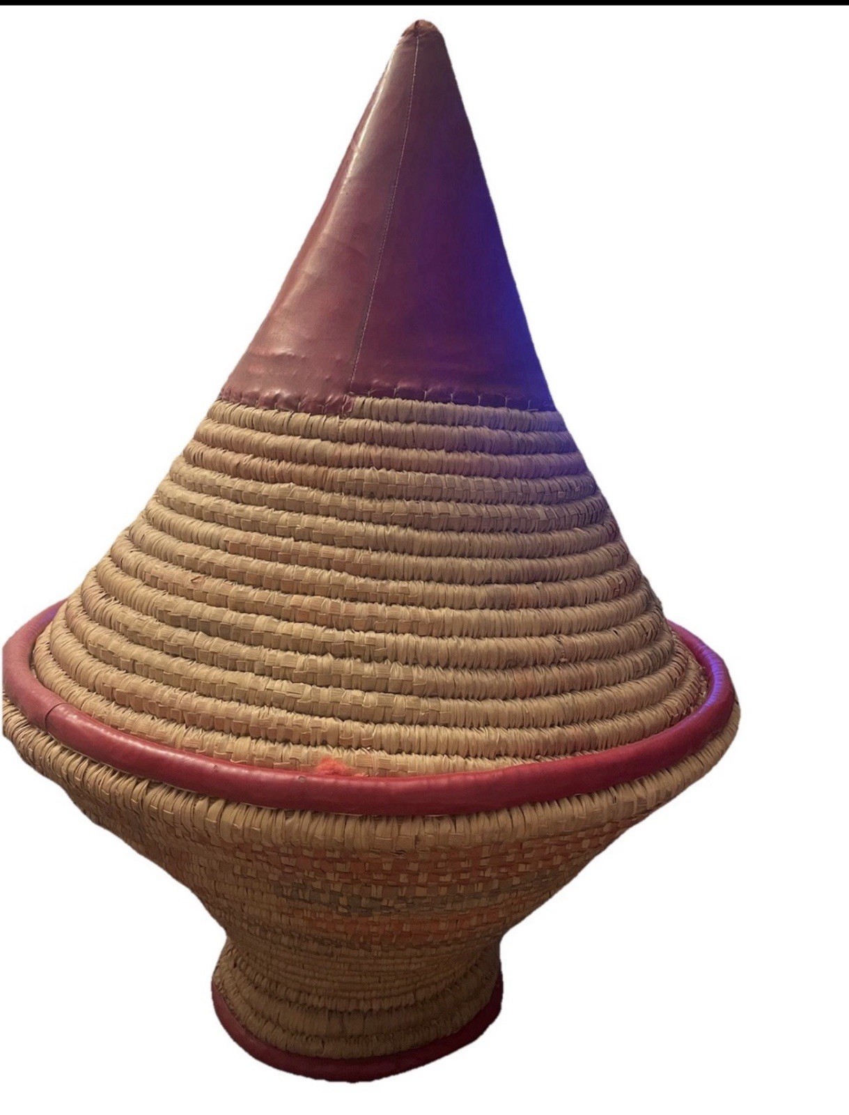 Vintage African Handwoven Coiled Basket Cone Lid Leather Trim Ethnic Decor 29in