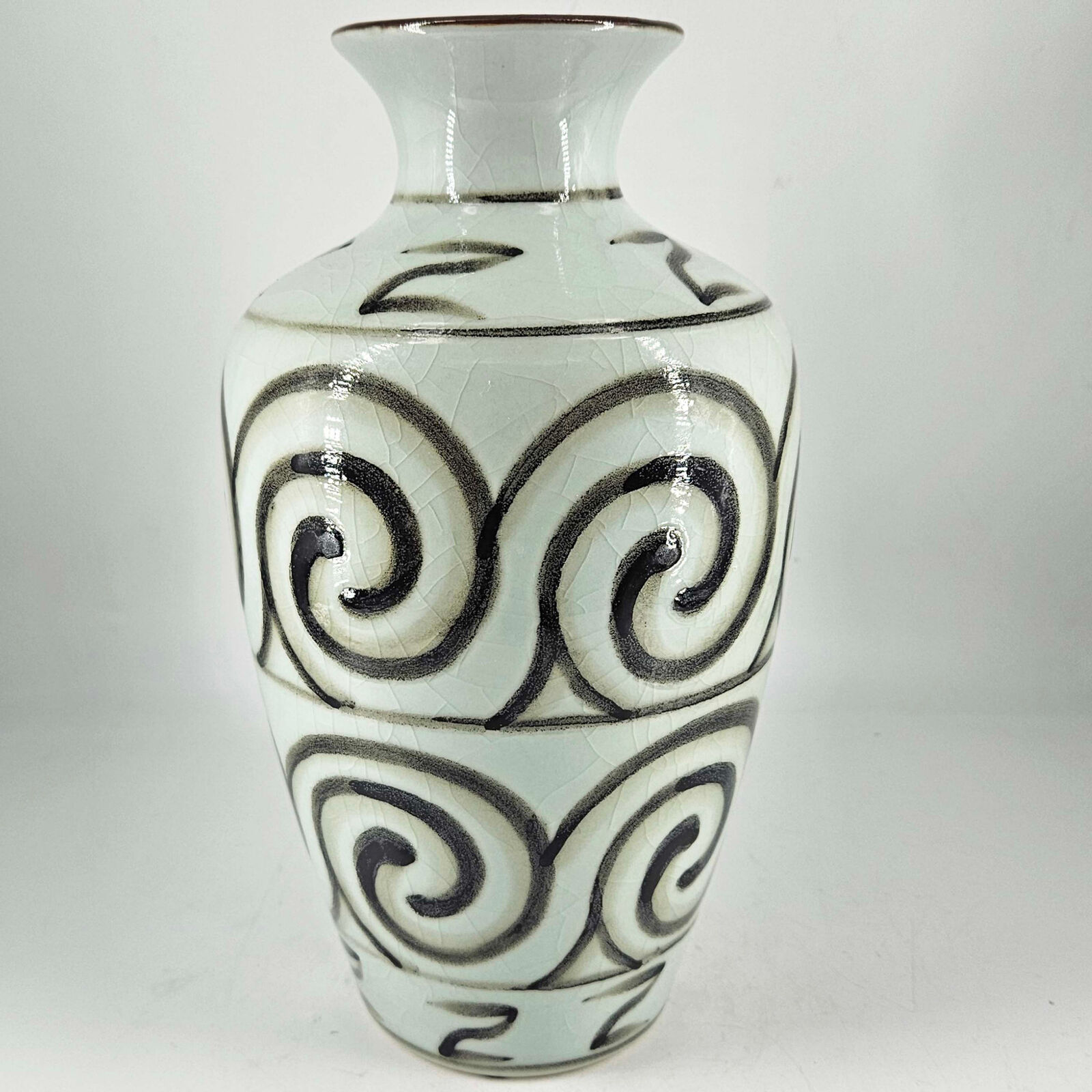 Vintage Crackled Celadon glazed hand painted large Vase decor 11\