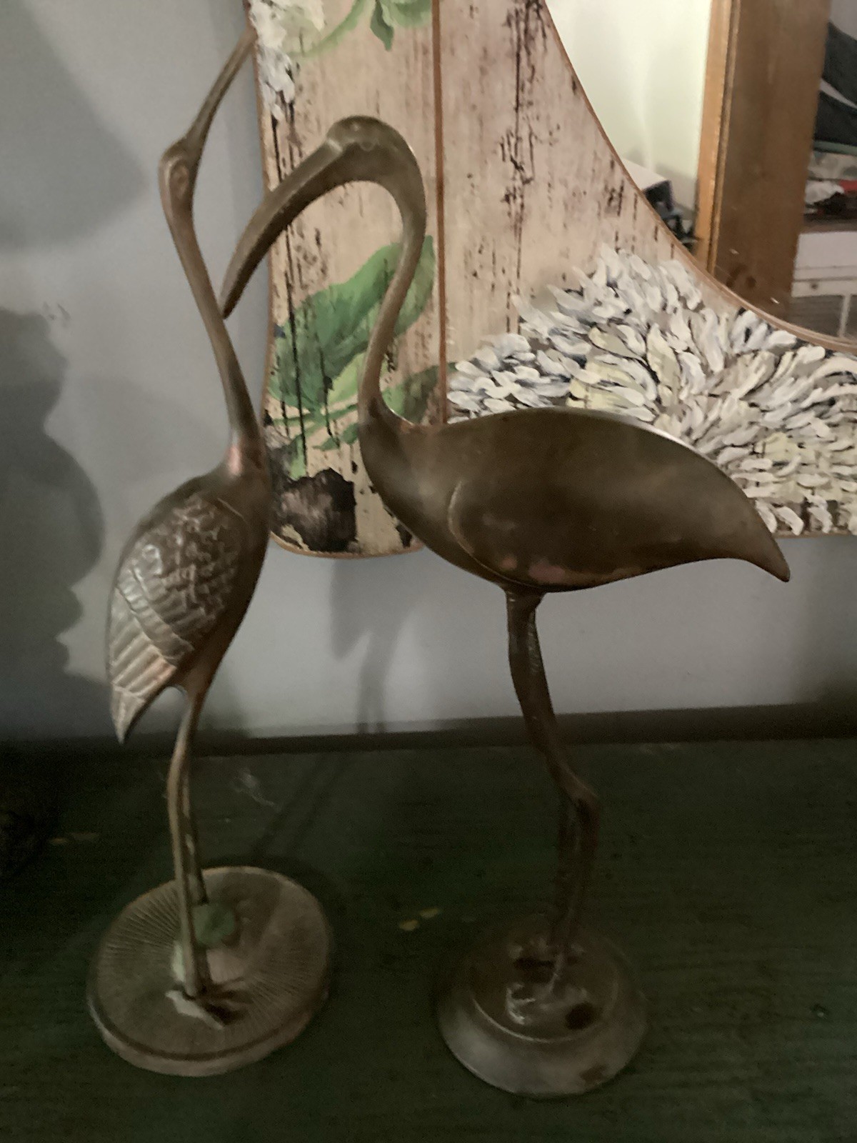 Vintage MCM Pair Brass/bronze? Crane Heron Birds Circular Base 11&12in
