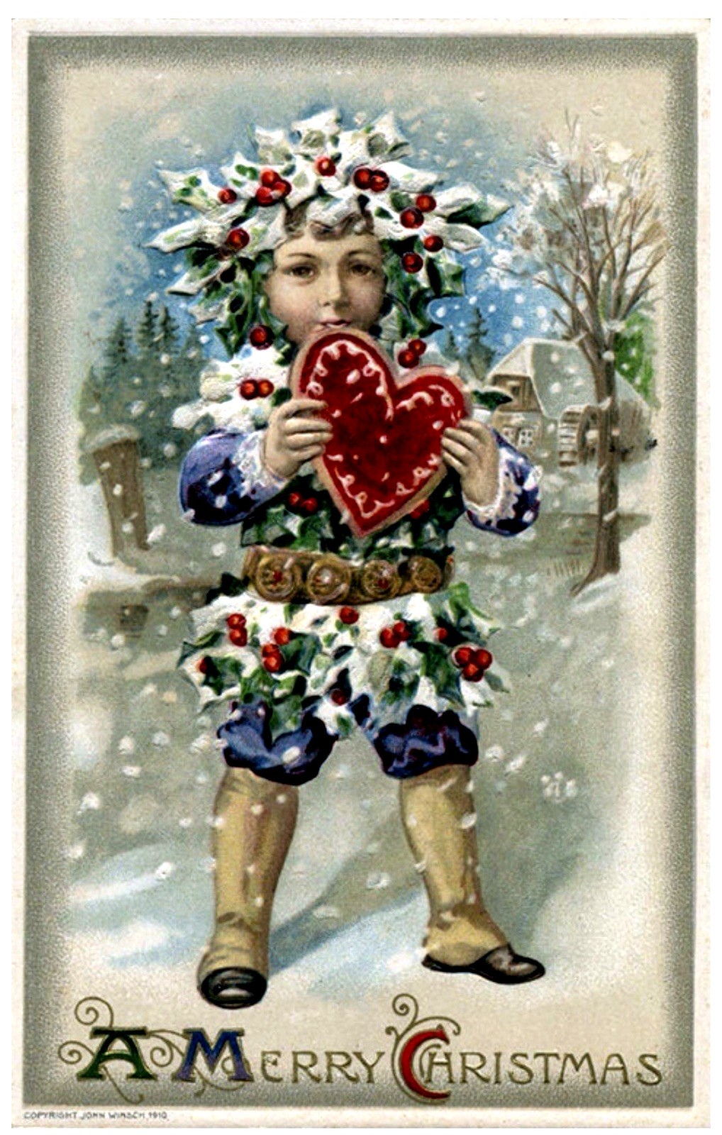 RARE~Winsch~Christmas~Boy in Holly Suit with Heart~Antique Fantasy Postcard~s590 RARE~Winsch~Christmas~Boy in Holly Suit with Heart~Antique Fantasy Postcard~s590