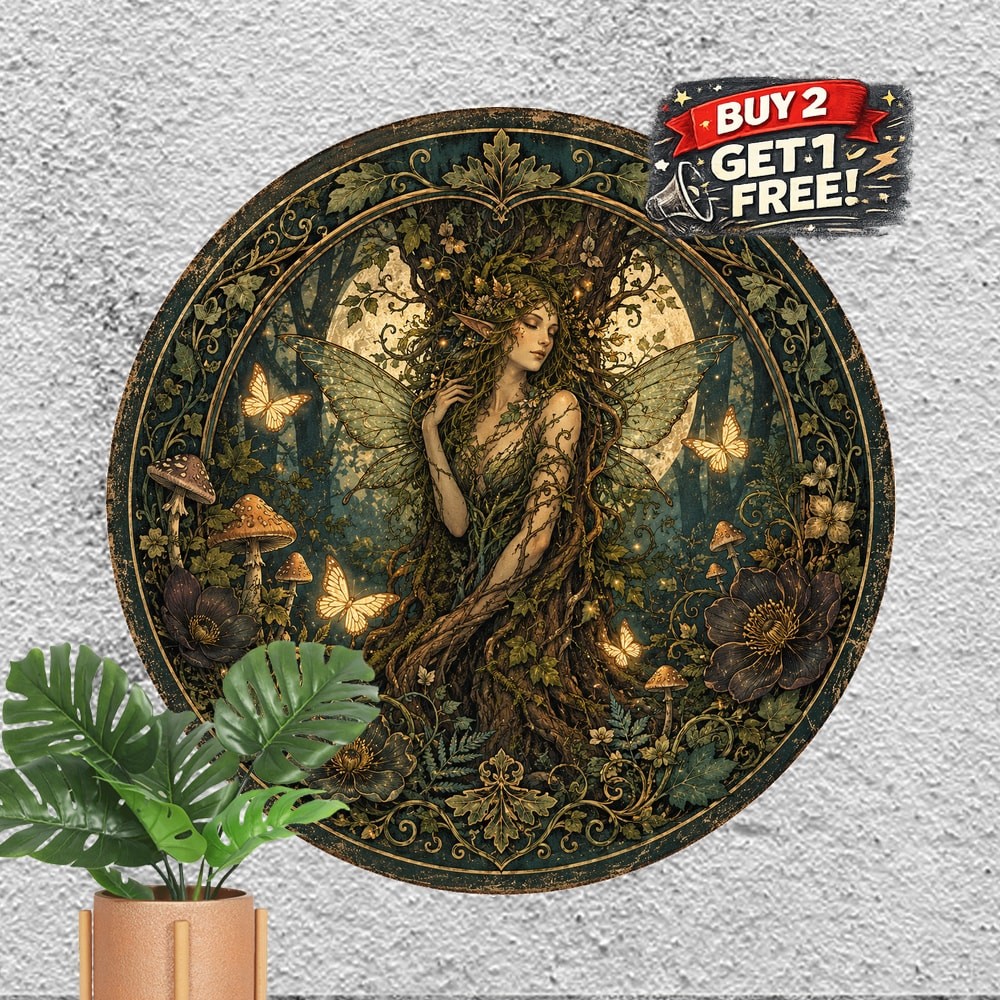 Mythical Tree Spirit Fairy Magic Forest Round Metal Sign Decor 8x8