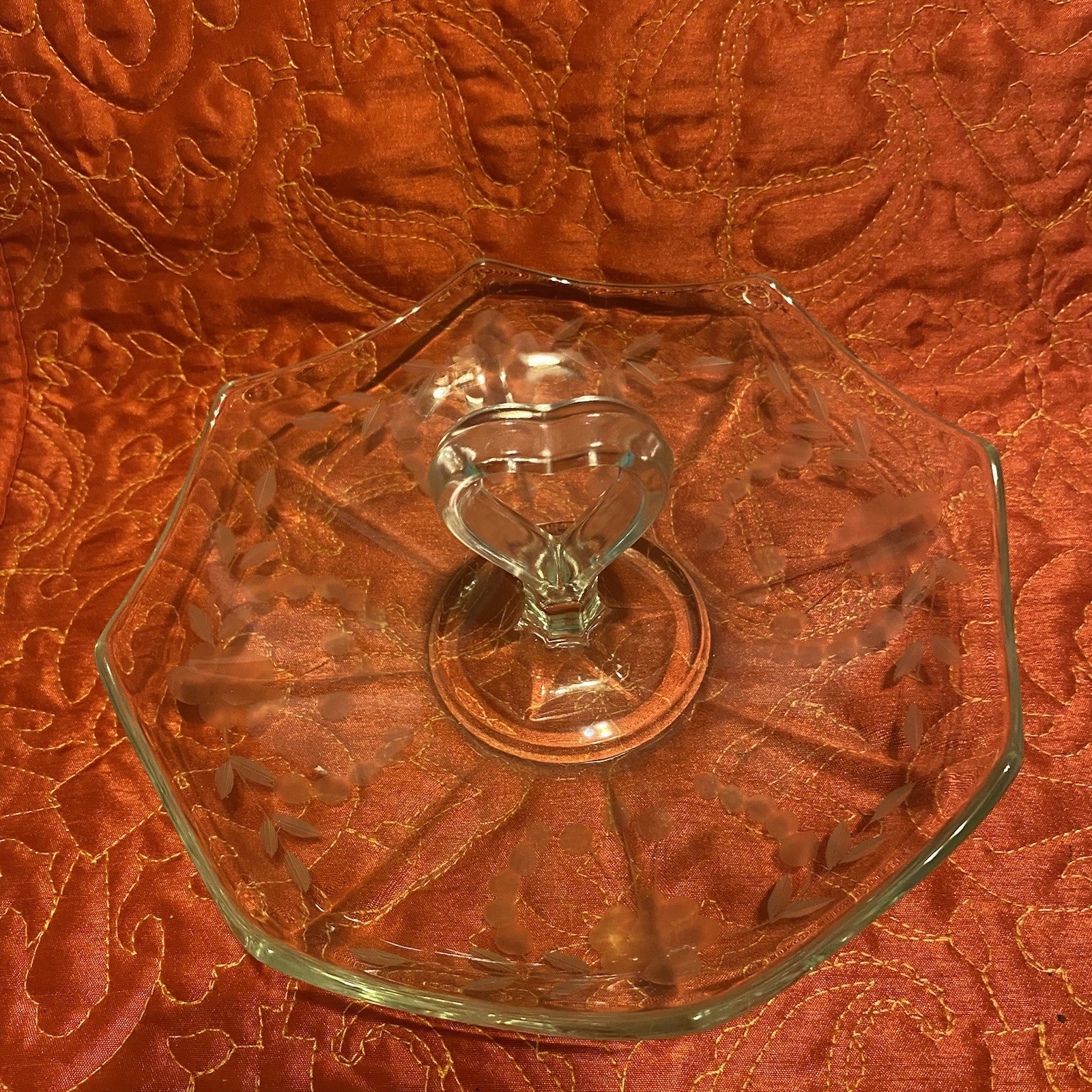 Vintage Elegant Serving Plate Classic Center Handled 1927-35 Etched Glass Floral
