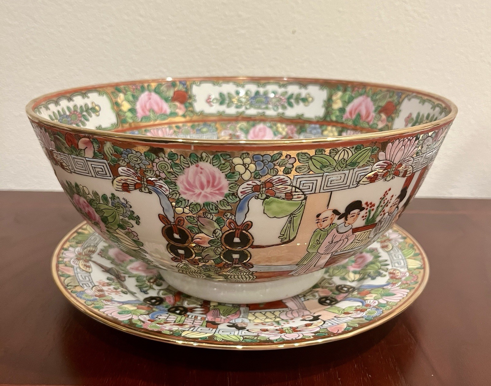 Chinese Famille Rose Medallion Bowl 10”+Plate 10” Hand Painted Porcelain