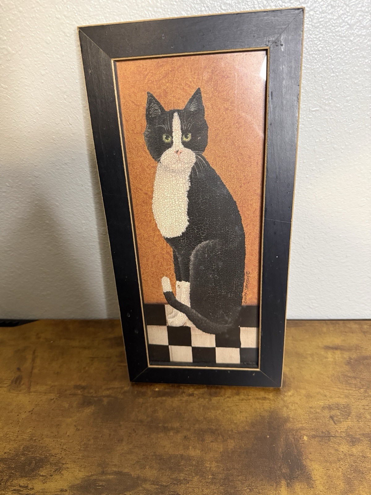 Vintage Cindy Sampson Country Cat Folk Art Framed Print Calico Cat 1999 Black Vintage Cindy Sampson Country Cat Folk Art Framed Print Calico Cat 1999 Black