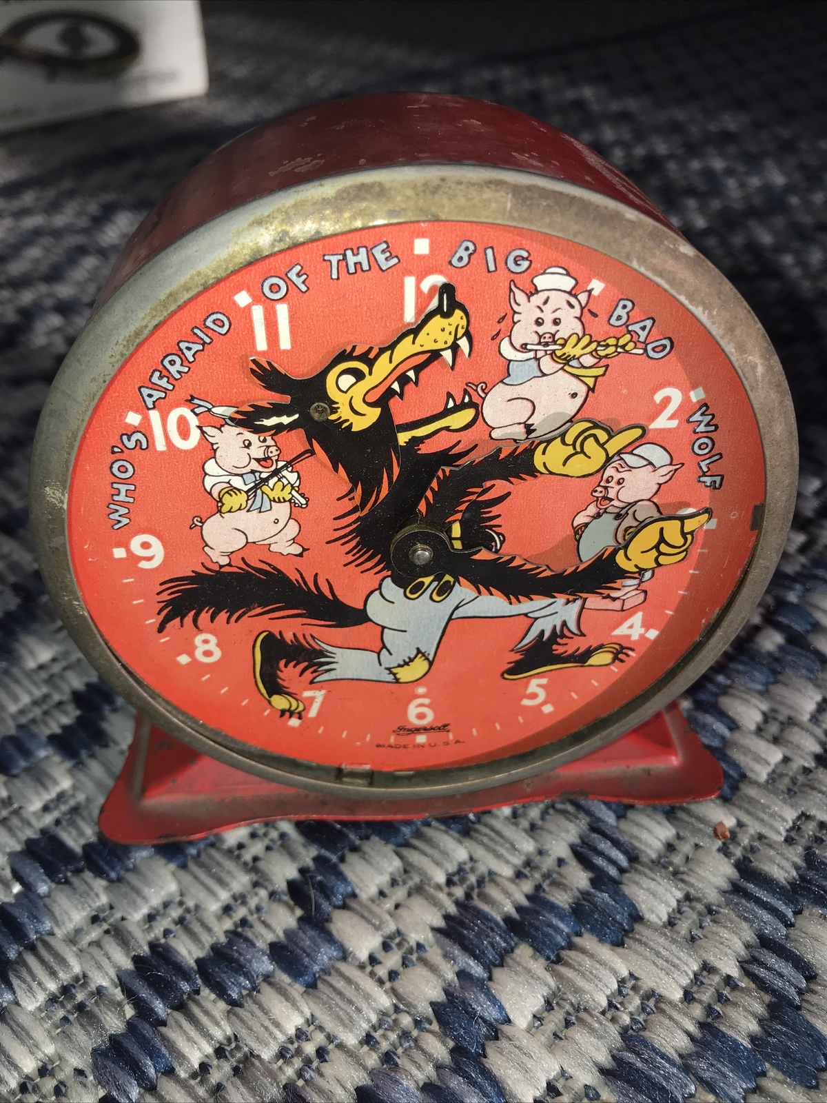 Antique 1934 Three Little Pigs & Big Bad Wolf Disney Ingersoll Rare Alarm Clock
