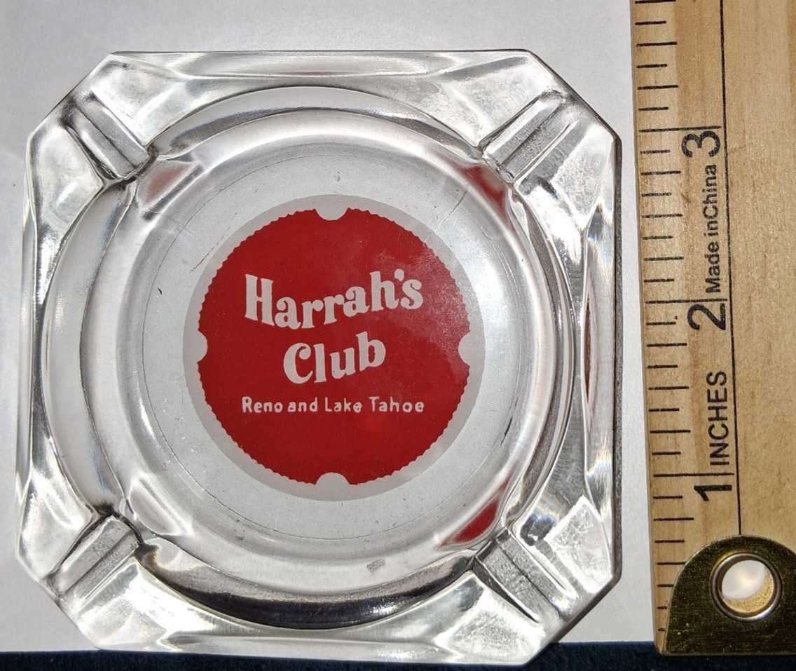 Vintage Harrah\'s Club Reno & Lake Tahoe Clear Glass Ashtray Red Logo Casino