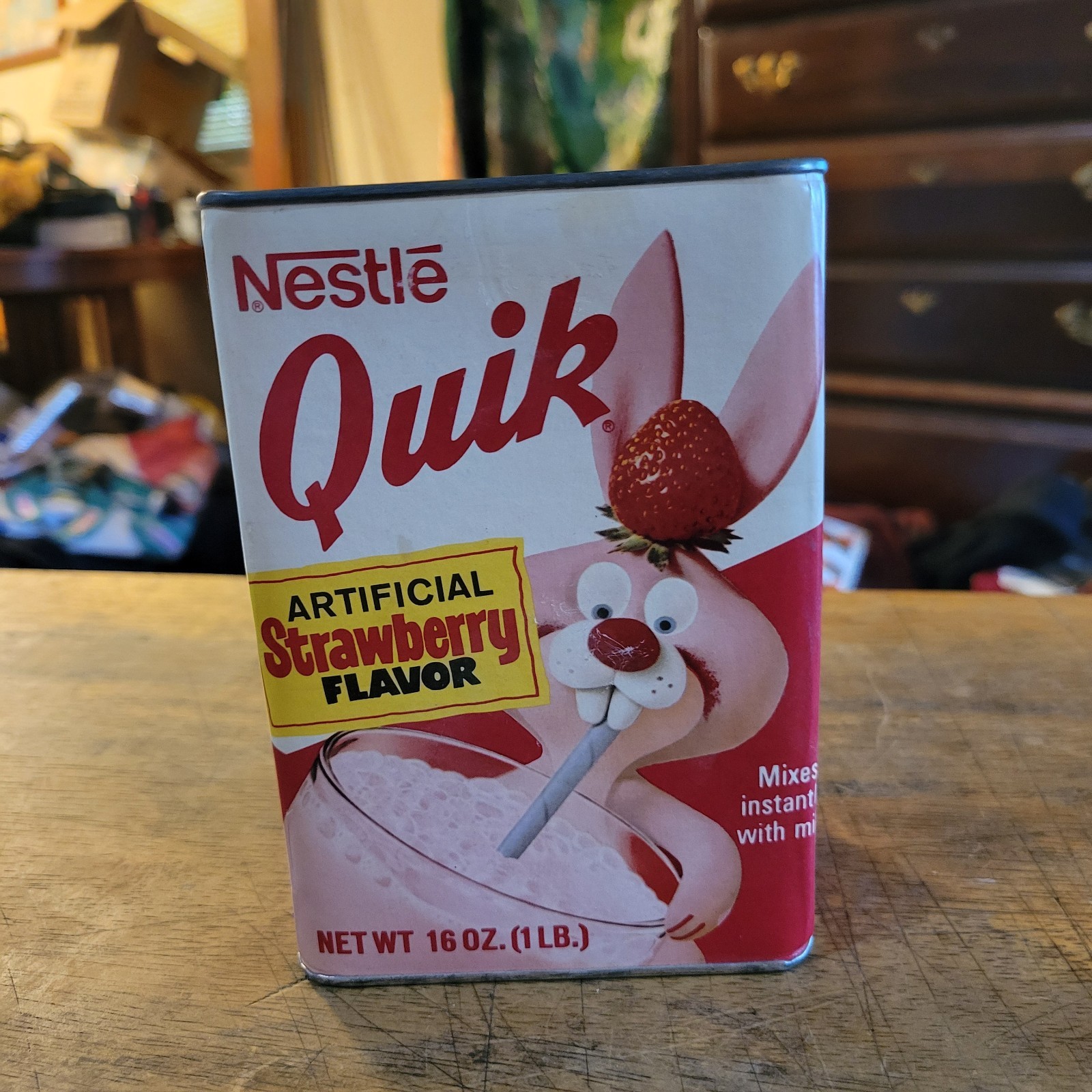 Nestle Quik Strawberry 1LB Tin/Cardboard 70s Advertisement Vintage
