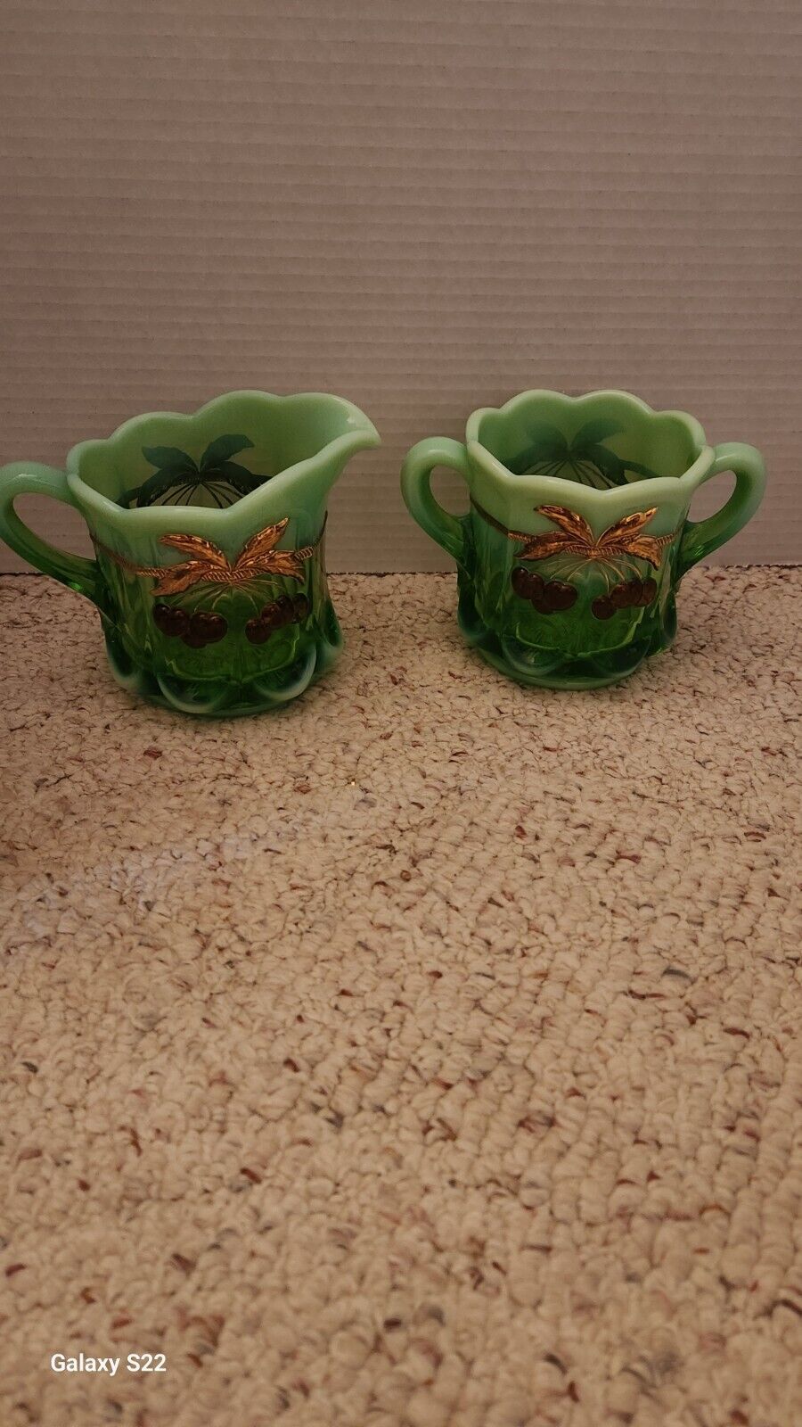 Beautiful Mosser Green Opalescent Thumbprint Cherry Cable Creamer And Sugar