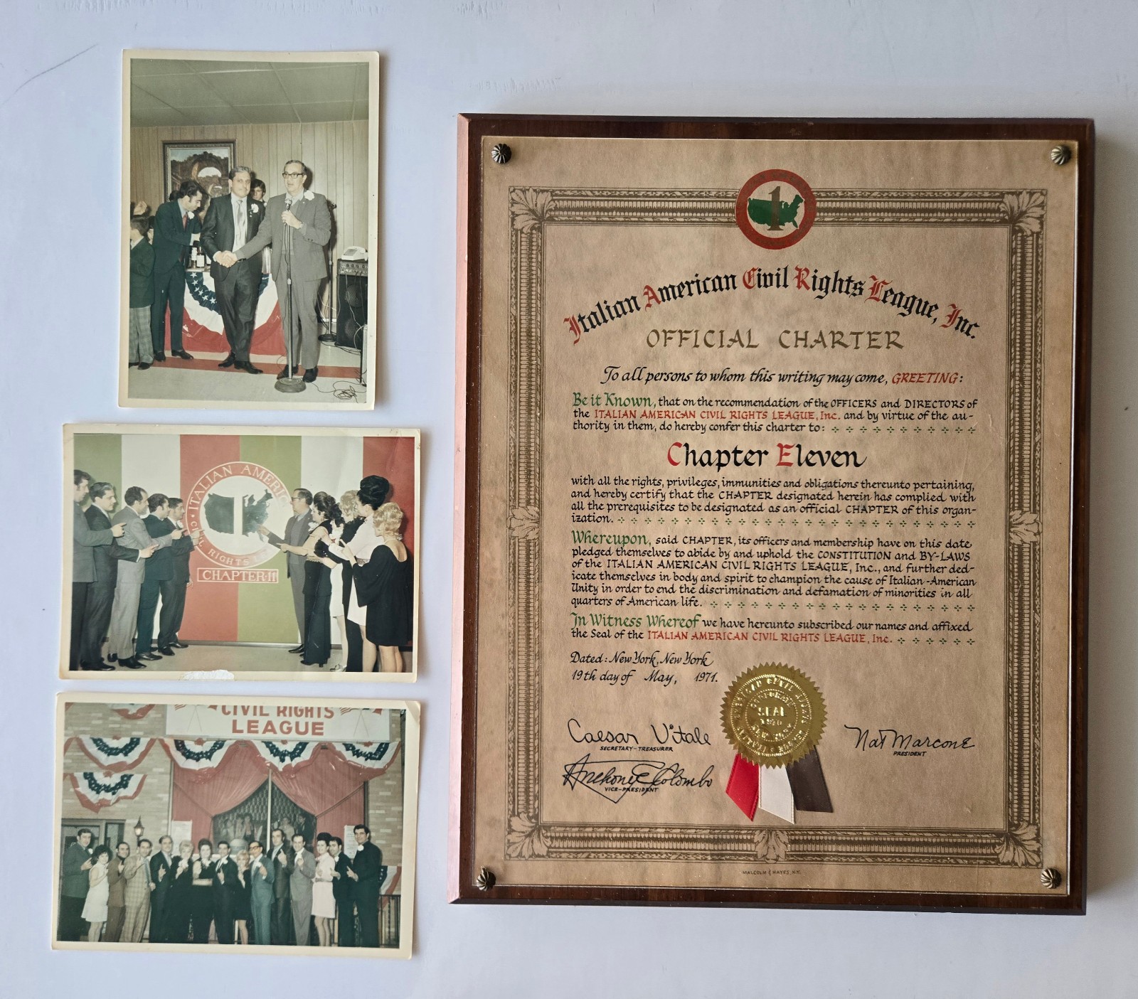 1971 Italian American Civil Rights League Plaque & Photos - Mafia Joseph Colombo