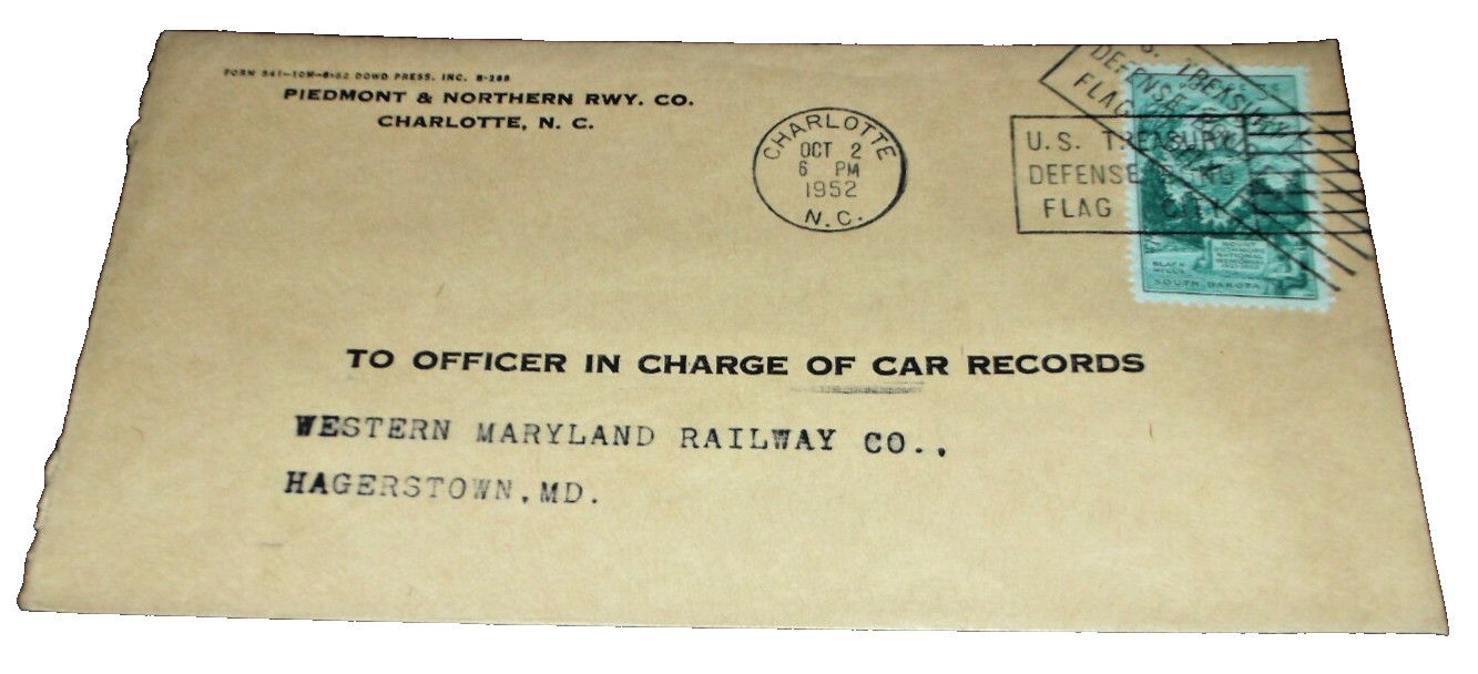 OCTOBER 1952 PIEDMONT & NORTHERN COMPANY ENVELOPE TO WESTERN MARYLAND RAILWAY