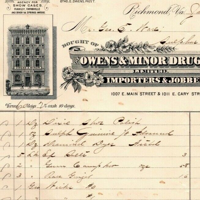 Owens & Minor Drug Co. Importers Richmond, VA Letterhead o Geo. E. Wear 1894