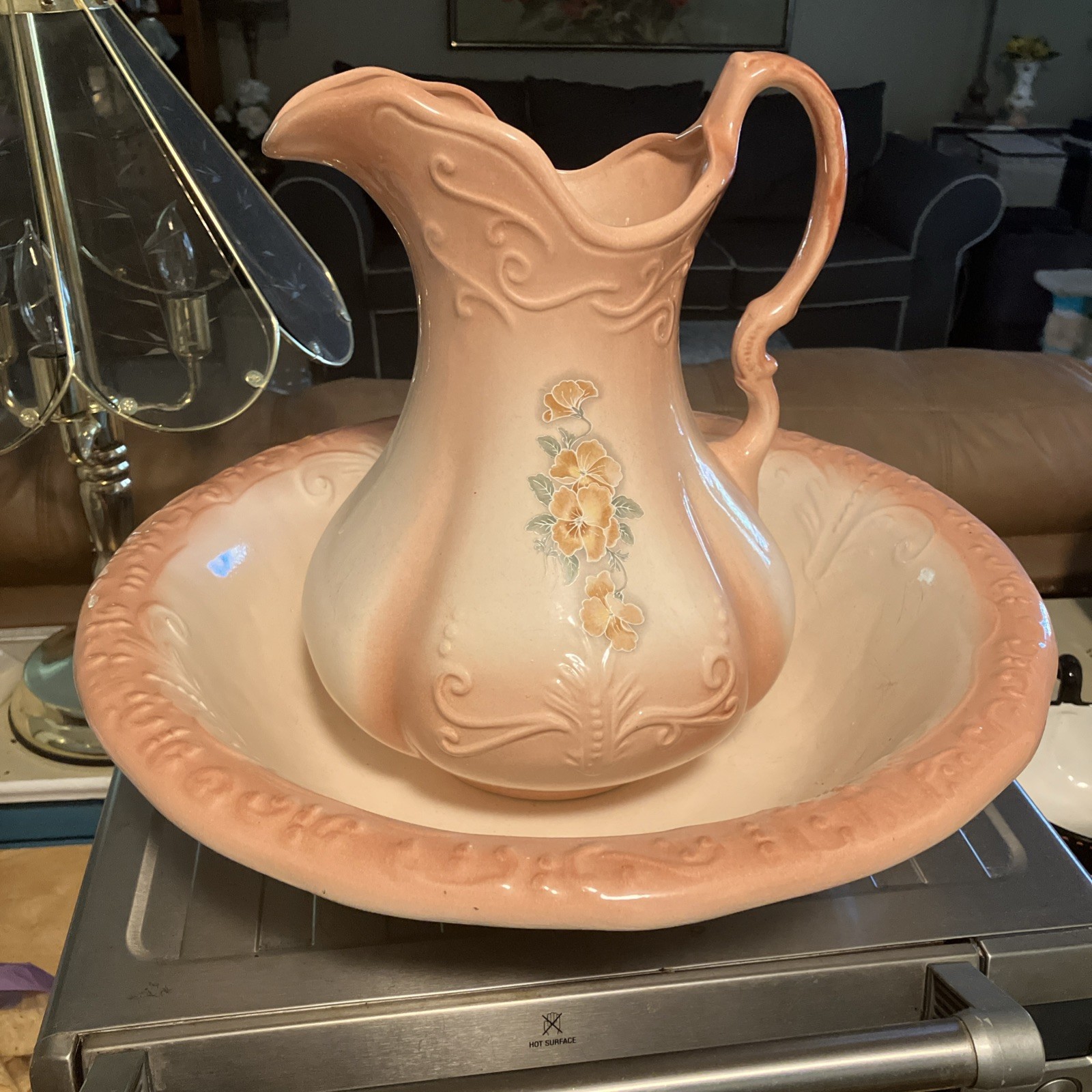 Antique Vintage Large Pitcher Wash Basin Set -peach Flowers Vase