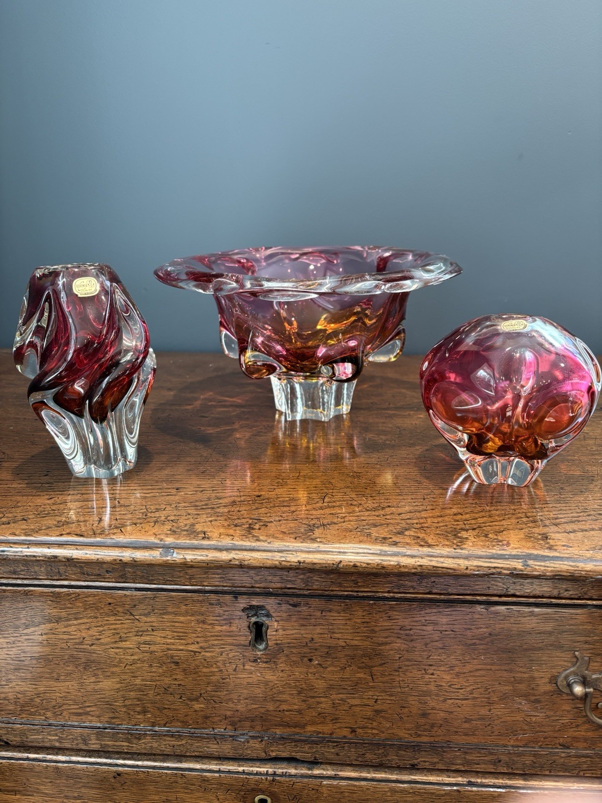 MCM Chřibska Art Glass Set by Josef Hospodka - 3-Piece Cranberry & Amber Set