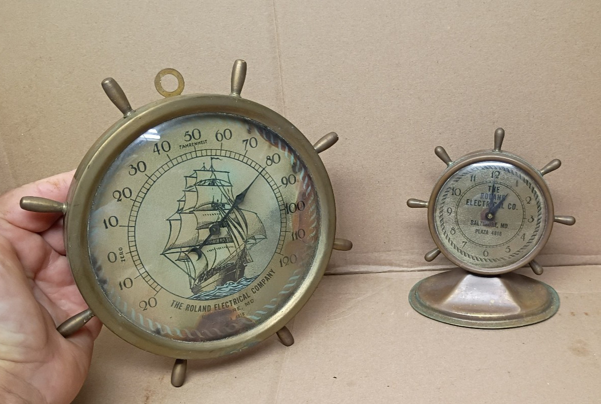 2pc 1950\'s Nautical Advertising Brass Clock & Thermometer Roland electic Balt Md