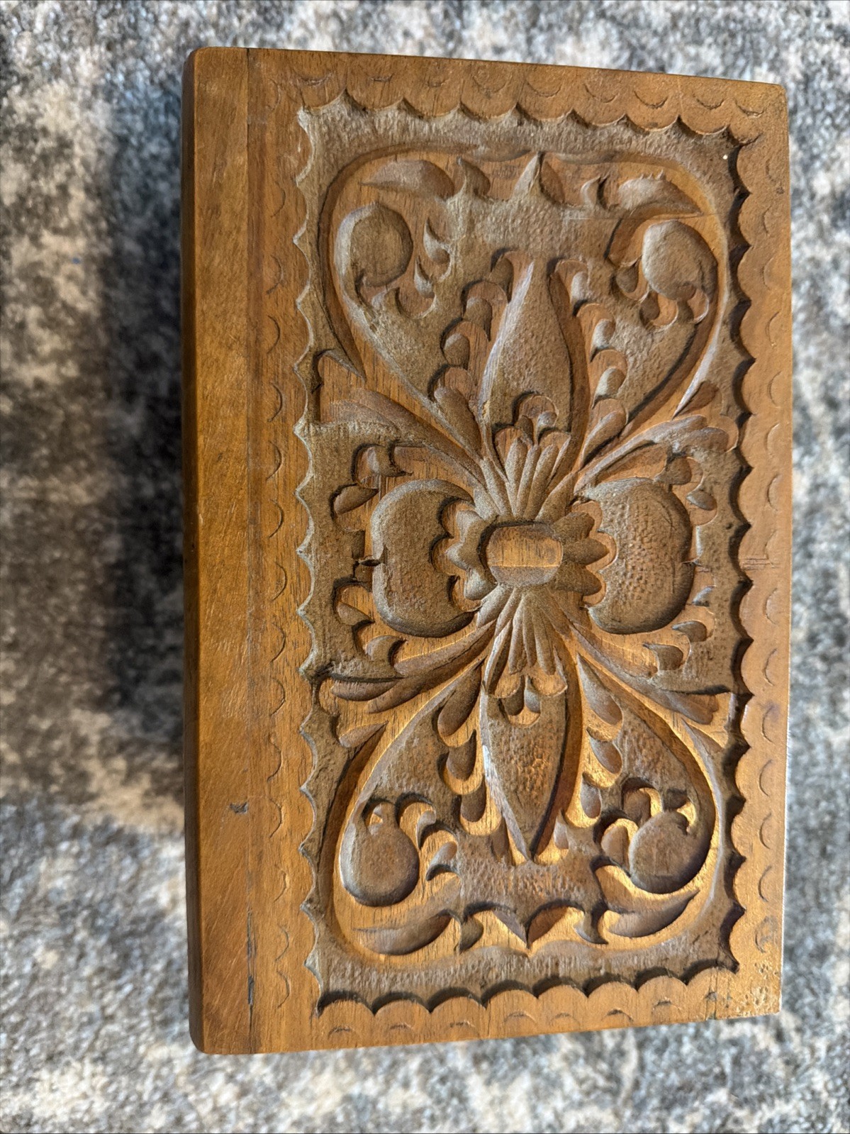 Antique Magic Box Hand Carved Wood Jewelry Trinket Box w/ Hidden Keyhole 