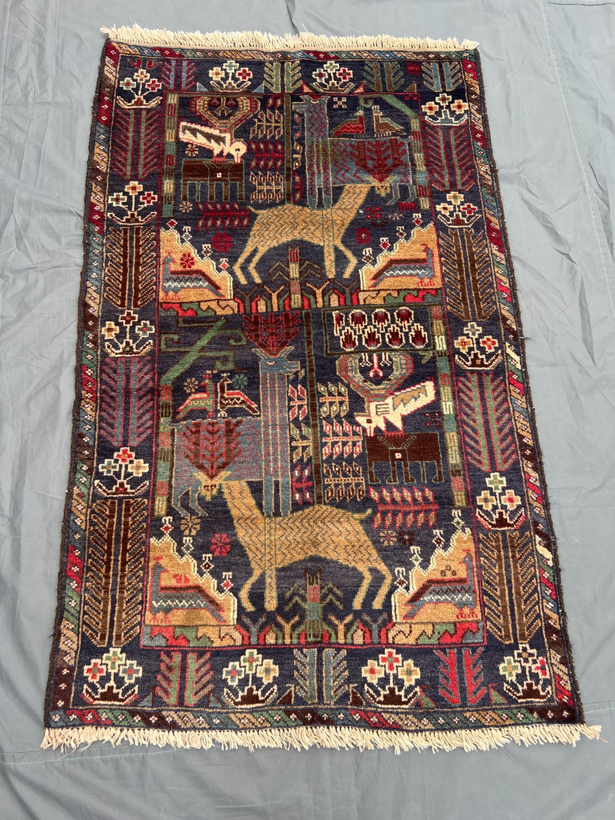 Navy Vintage Tribal Deer Pictorial Hand Knotted Wool Rug 3x5 Animal Wall Rug
