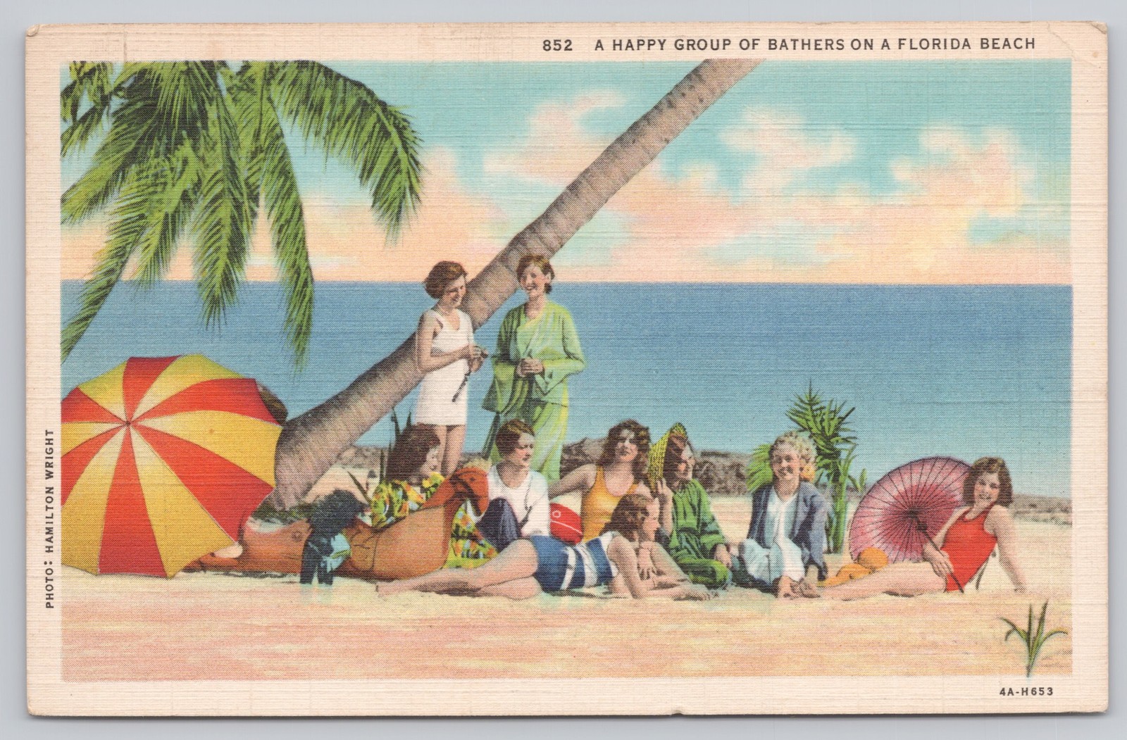 Vintage 1938 Linen Postcard A Happy Group of Bathers on Florida Beach