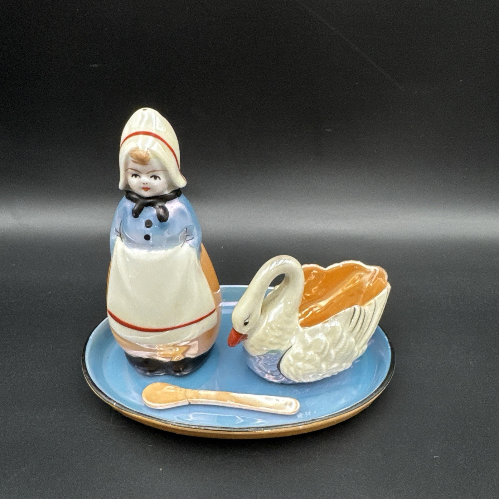 VTG Noritake Lusterware Dutch Girl-Pepper w Swan-Open Salt Cellar & Tray Set