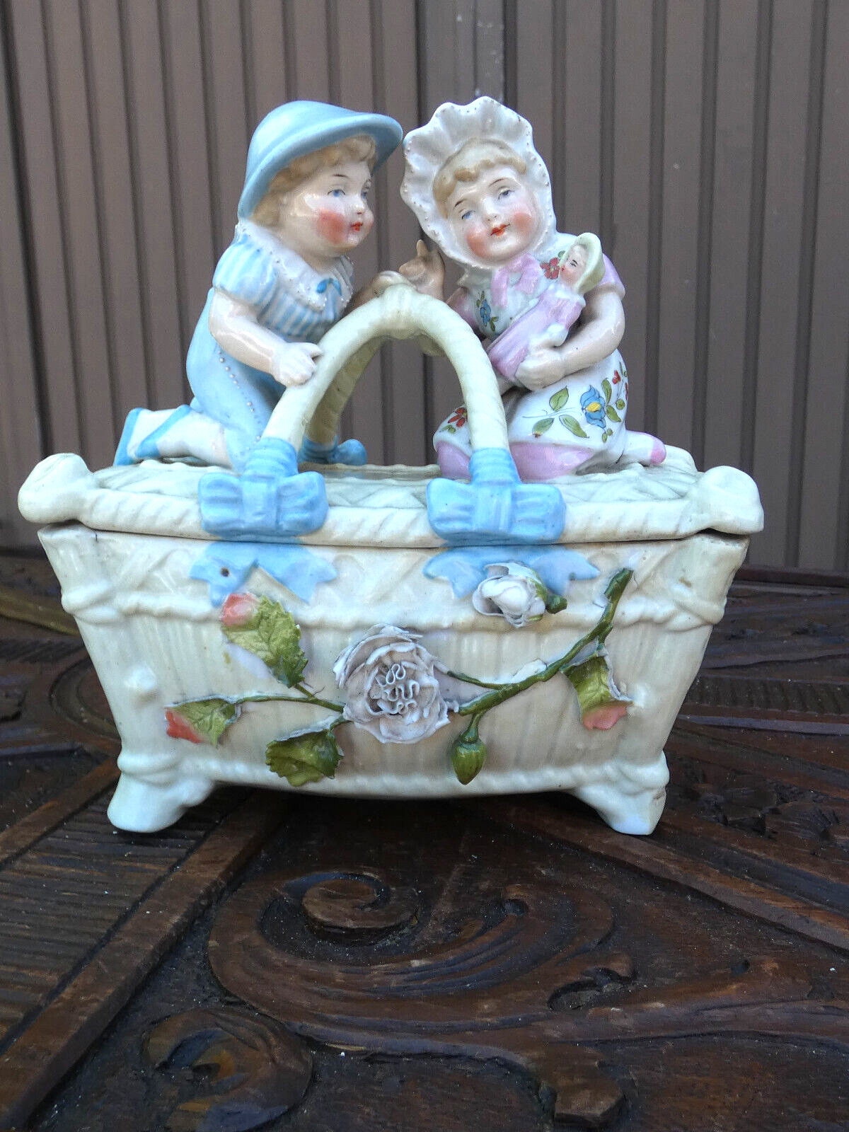 Vintage porcelain faience children Doll Bonbonniere box basket
