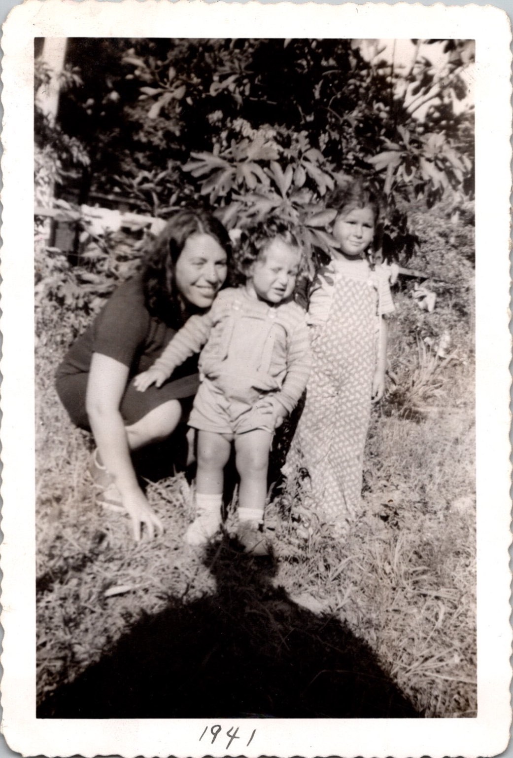 Woman Two Children 1941 Snapshot Photograph Outdoor Candid Family Vintage