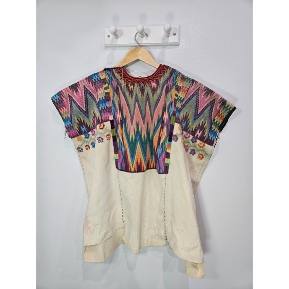 Vintage Guatemalan Huipil Handwoven Embroidered Boho Poncho Top Cream Multi