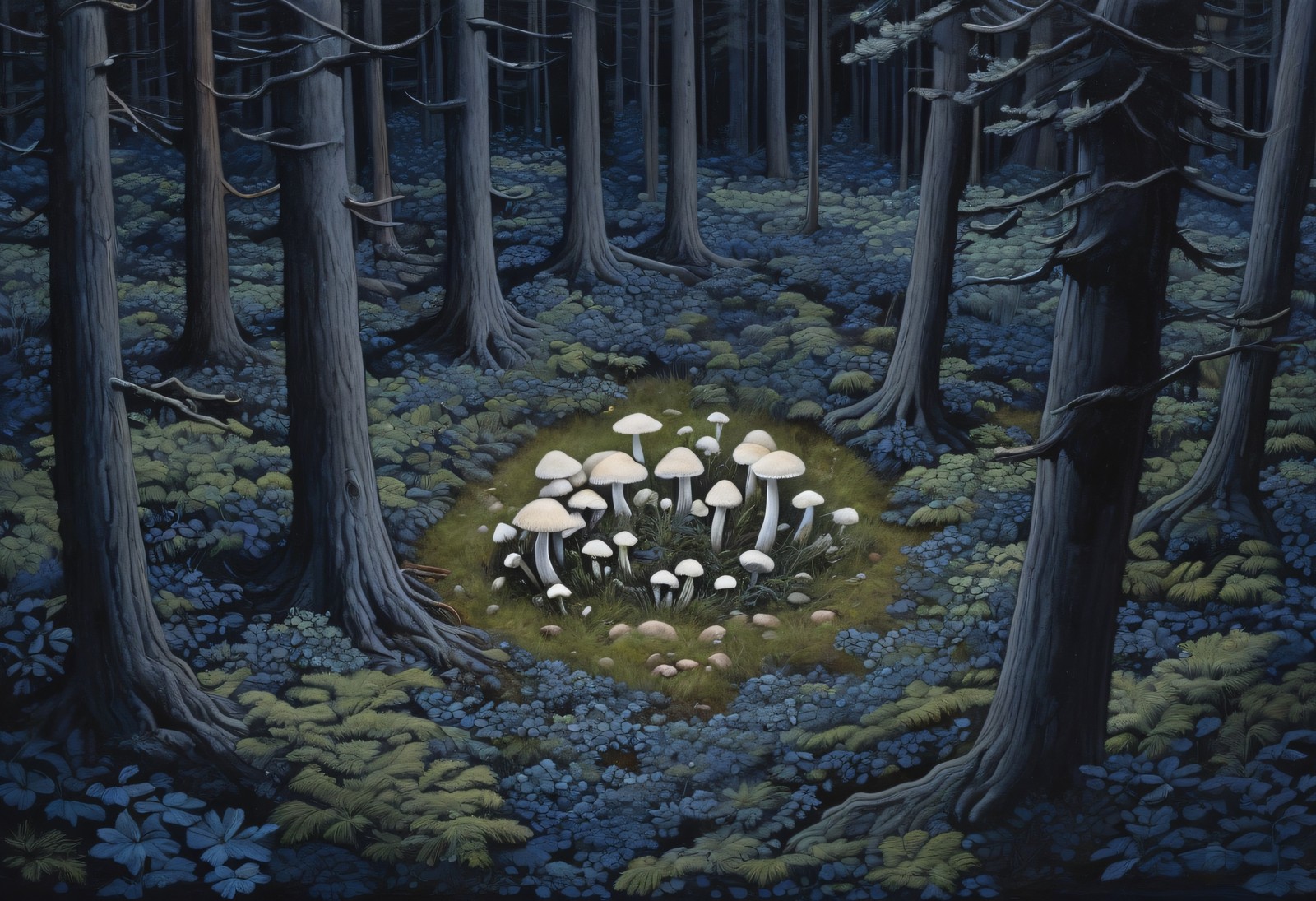 Fairy Ring of Mushrooms Under Moonlight - Whimsical Forest Print