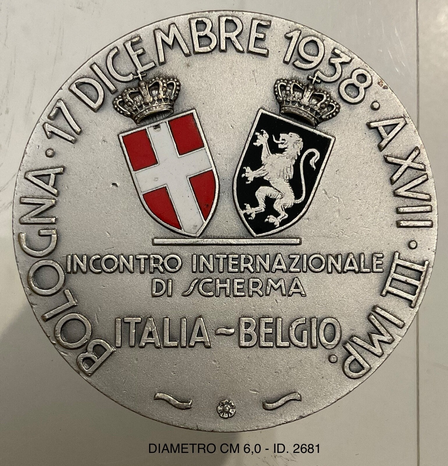 BOLOGNA INCONTRO DI SCHERMA ITALIA BELGIO 1938 MEDAGLIA COMITATO OLIMPICO CONI