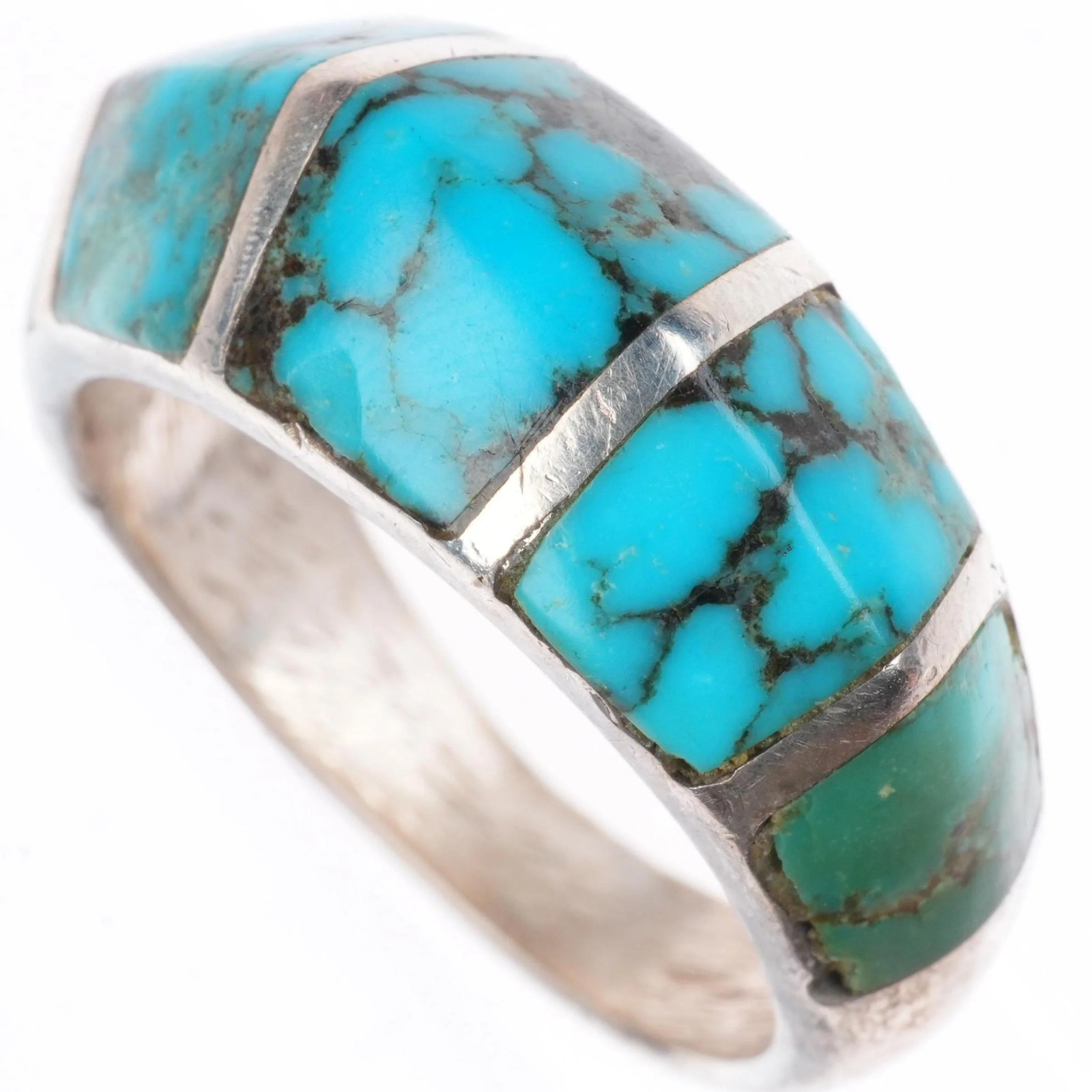 sz10.25 vintage Navajo sterling silver carinated turquoise inlay ring