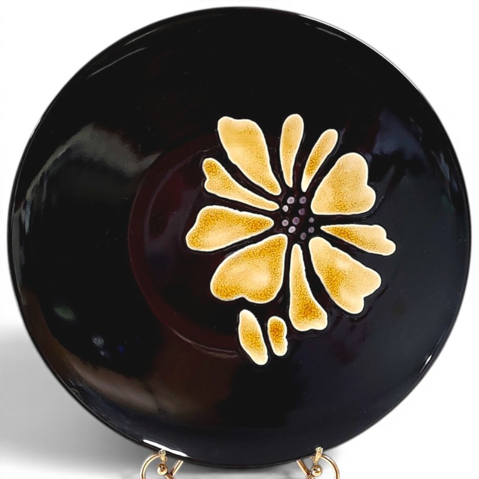 VTG Studio Pottery High Gloss 13” Charger Platter Golden Daisy On Espresso