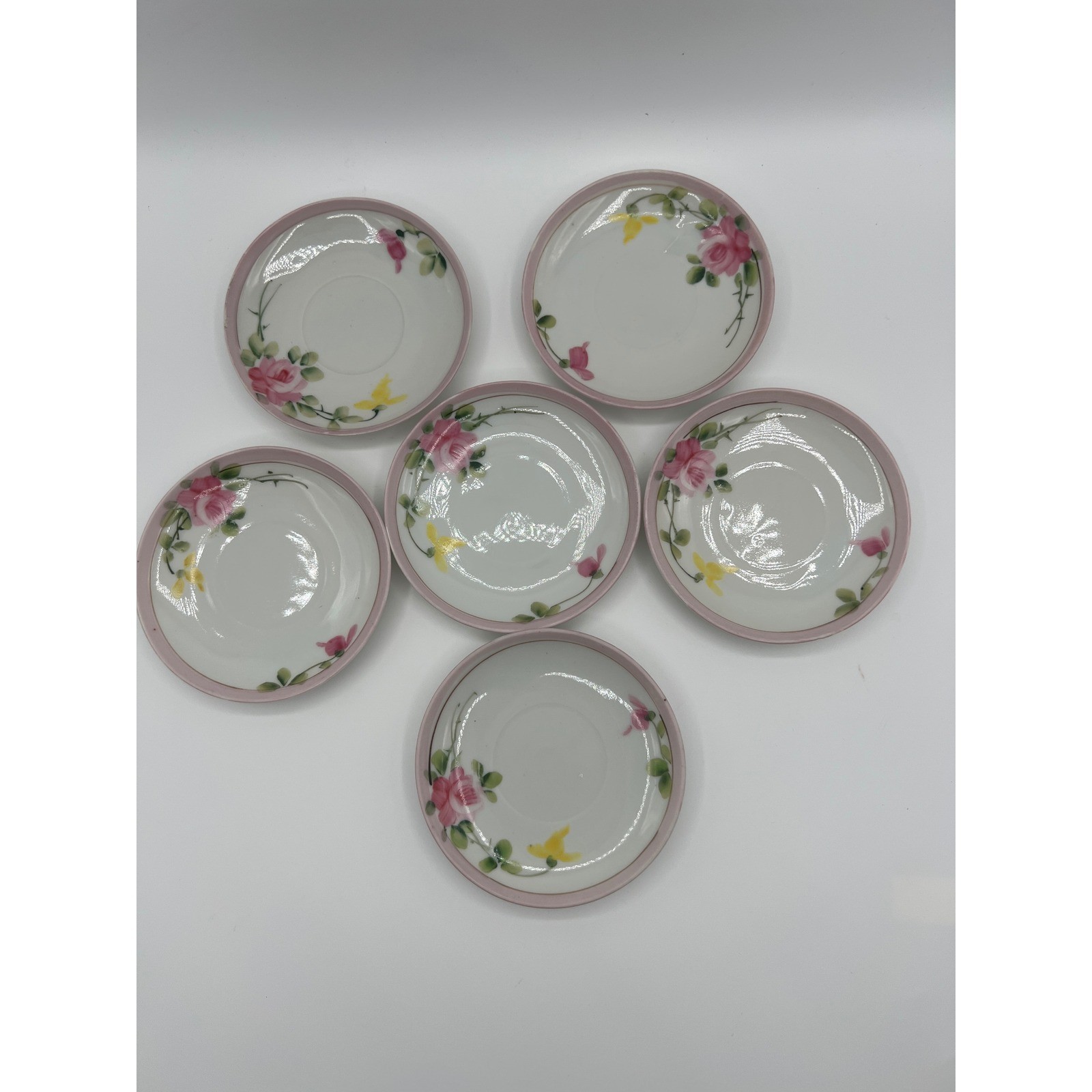 Vintage Hand Painted Porcelain Rose Saucers Set of 6 Pink Floral Tea Plates